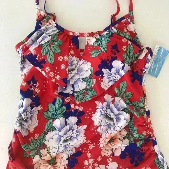 CLEANWATER Red Floral Ruffle Keyhole Tankini Swim Top - SZ Womens Medium - NWT - Picture 2 of 7